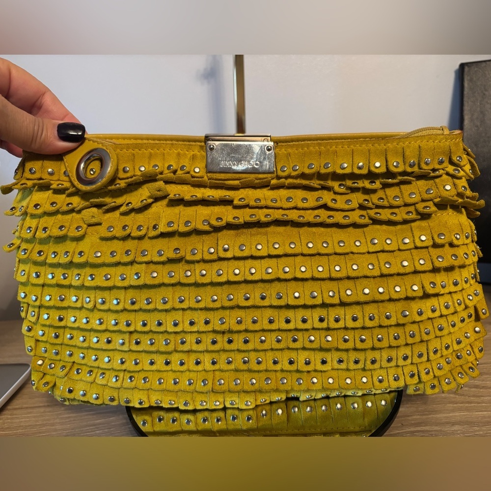 Jimmy Choo Yellow Lambskin Leather Studded Zulu clutch